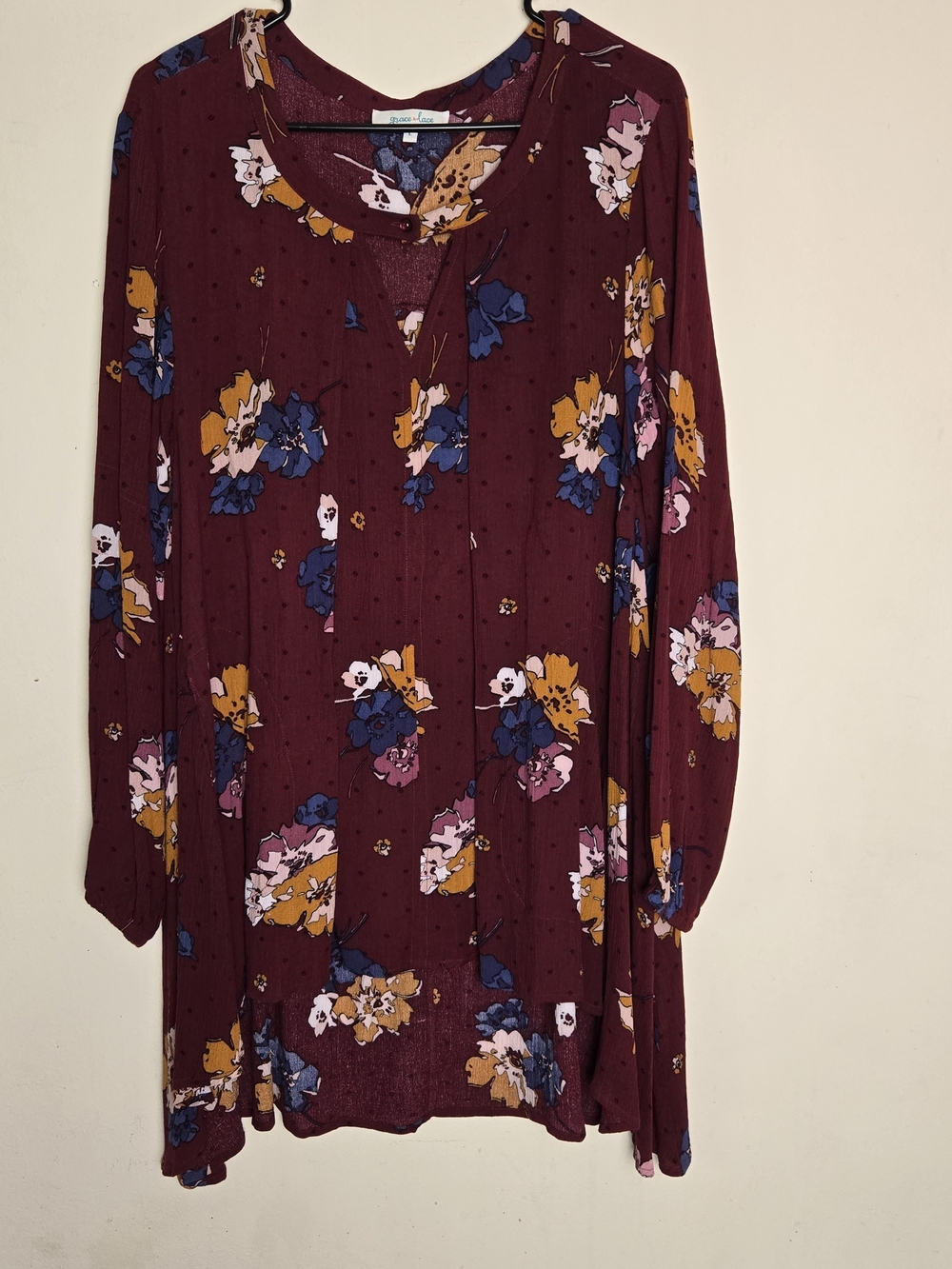 Boho Festival Flowy Polka Dot Burgundy Floral Long Sleeve Tunic Grace And Lace